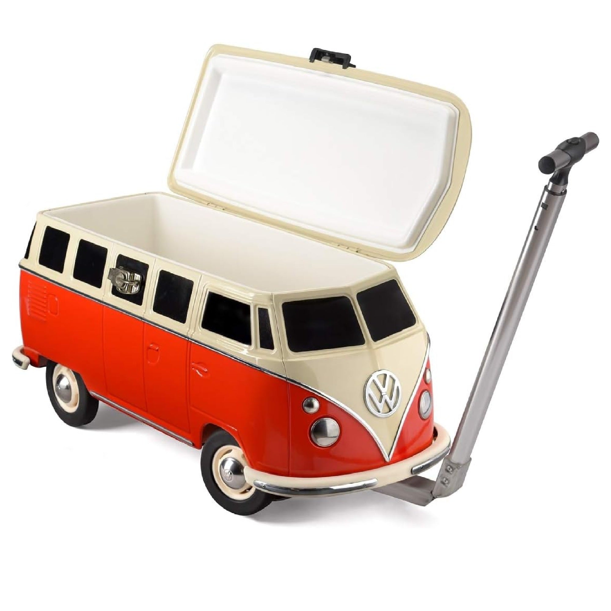 Red and beige Volkswagen bus-shaped cooler with open lid on a white background