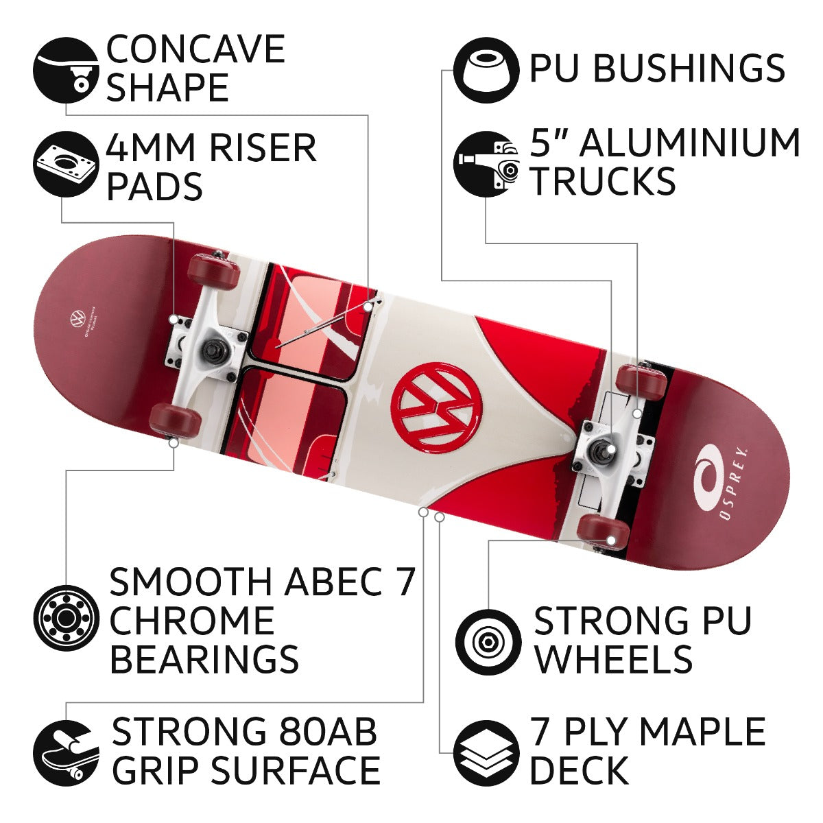 8" x 31" Complete Double Kick Skateboard - VW 1 and Only