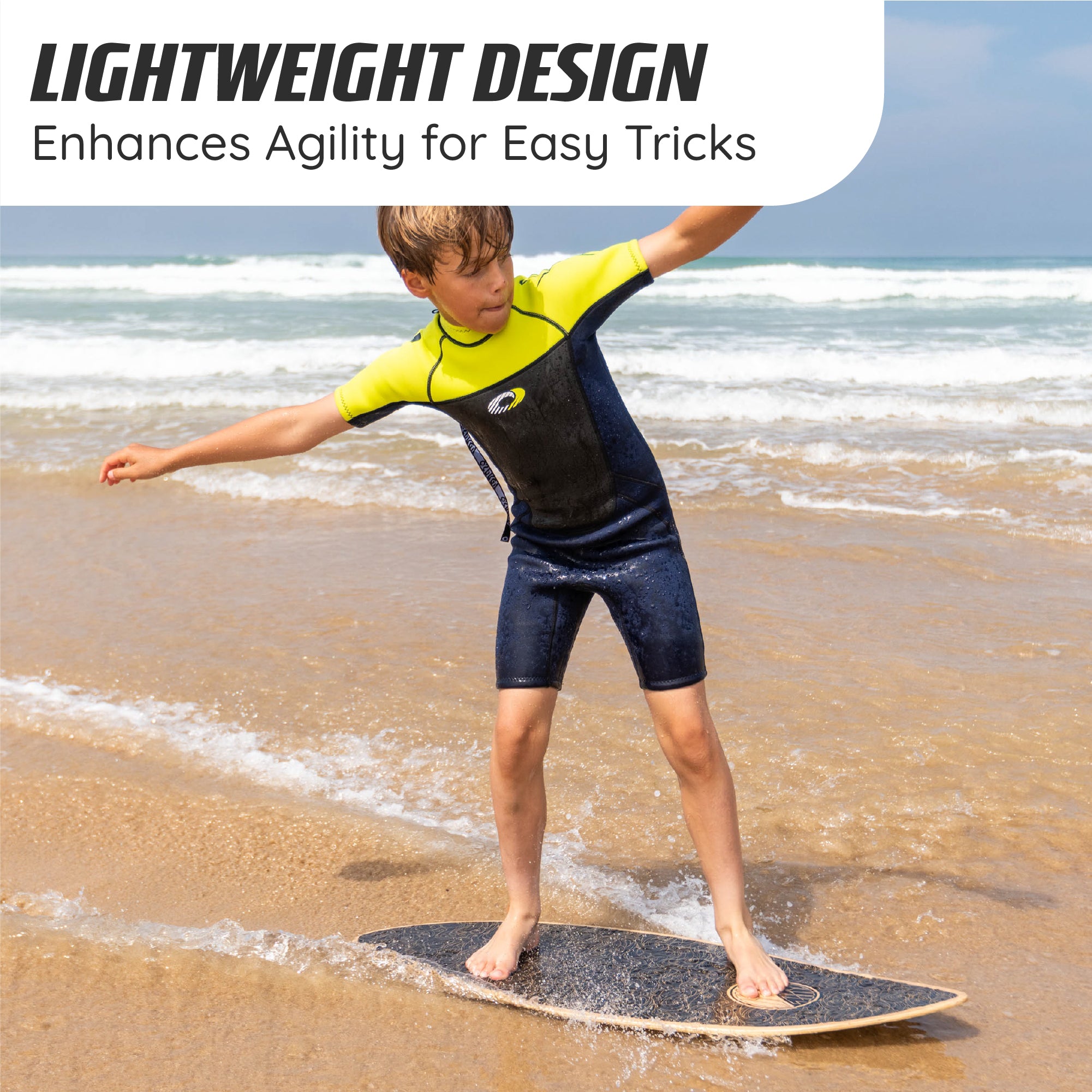 Young rider skimming across shallow water on the Osprey 41” Wooden Skimboard