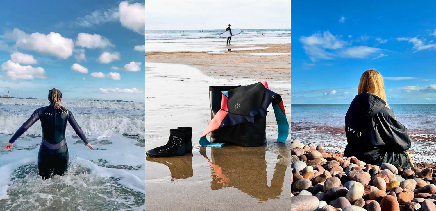 Open water swimmer in wetsuit entering ocean surf and training in natural water environments to improve endurance and swimming technique.