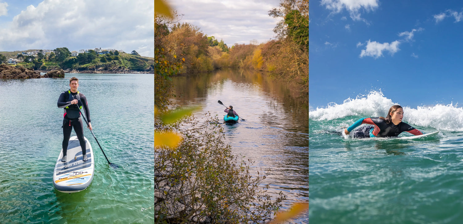 Collage of outdoor watersports including stand up paddleboarding on clear sea, kayaking on river, and surfing waves, comparing paddleboard vs kayak vs surf activities.