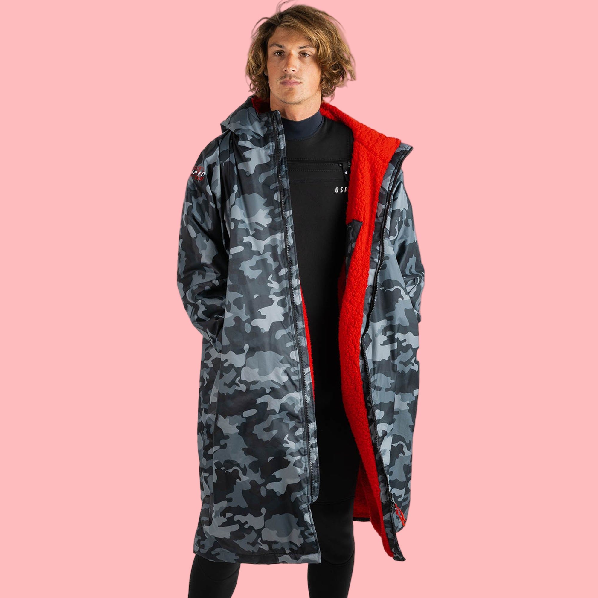 Male model wearing camo hooded changing robe