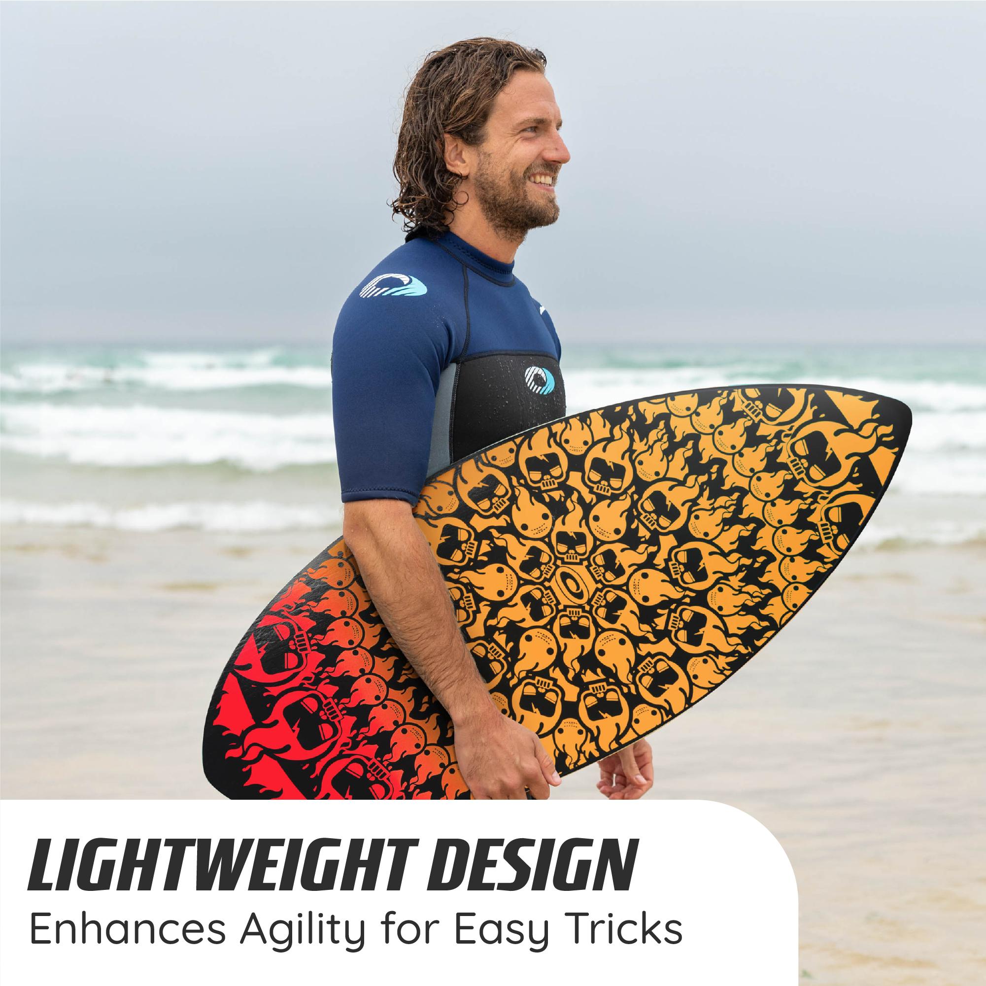 man in a shorty wetsuit holding his osprey skimboard on a uk beach