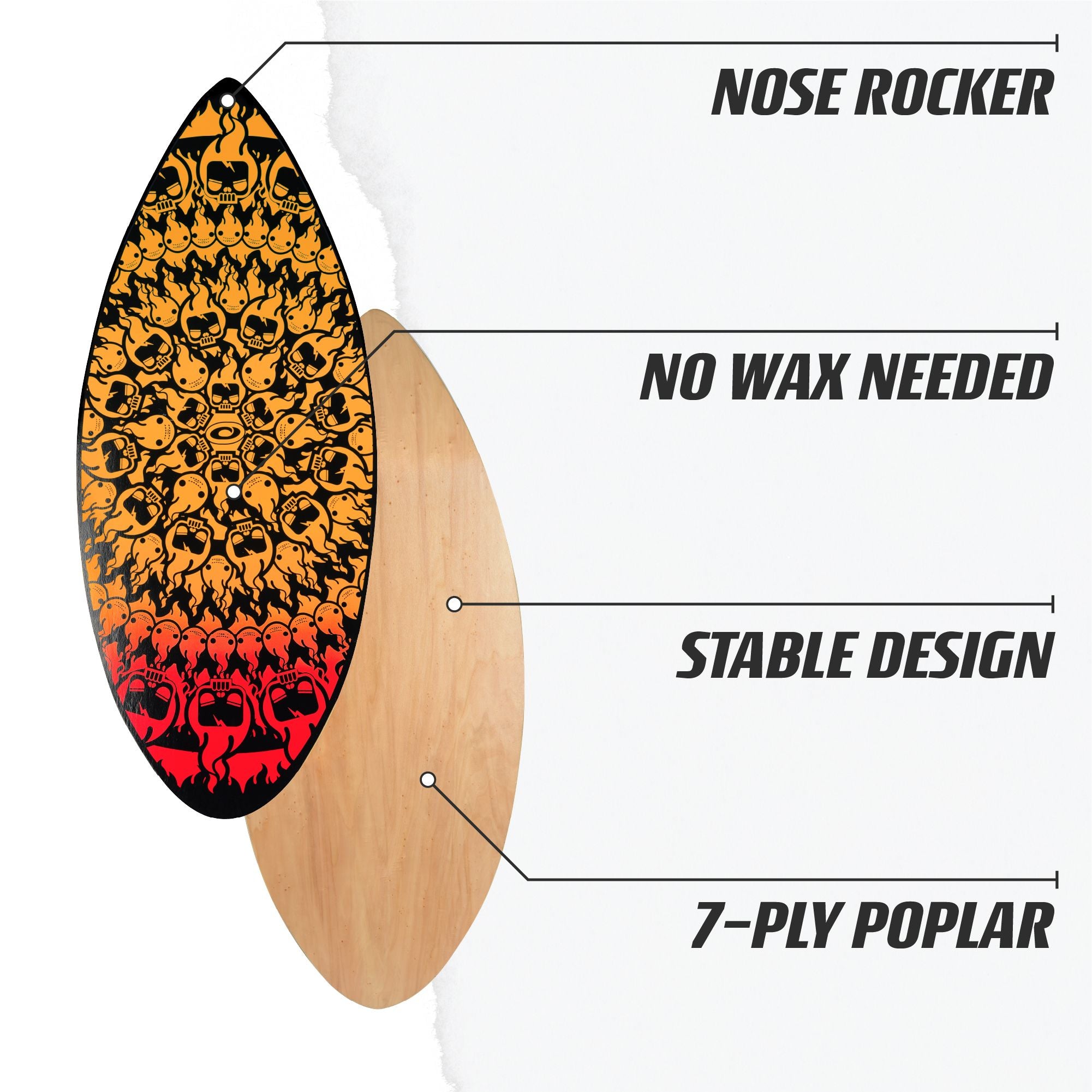 Bottom view of the Osprey Skimboard, designed for smooth gliding on water