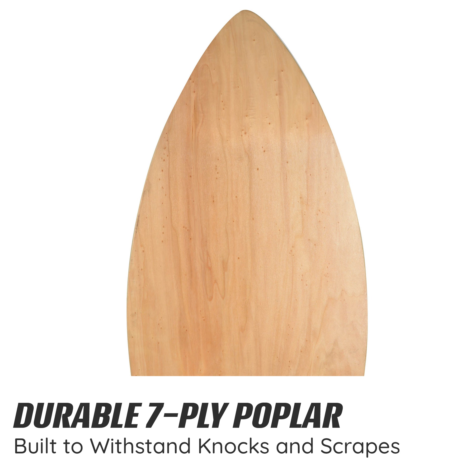 Side angle highlighting the skimboard’s durable wooden construction