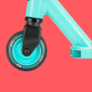 A close up of the front wheel of a teal coloured Osprey stunt scooter