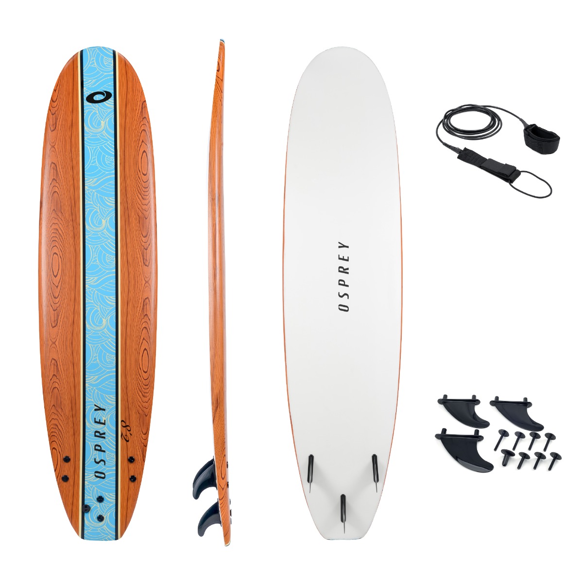An image of 8ft 2in Foam Surfboard - Wood | View All Surfboards | Osprey Action Sports | 8ft...